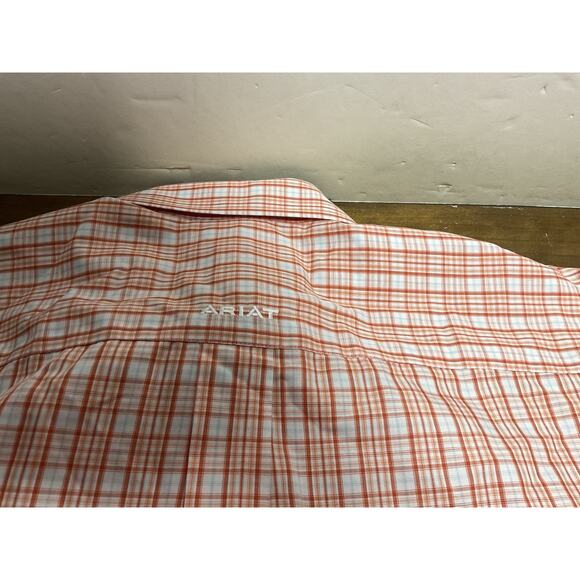 Ariat Mens Short Sleeve Button Down Classic Fit Orange Plaid Shirt Size Large - Picture 11 of 11